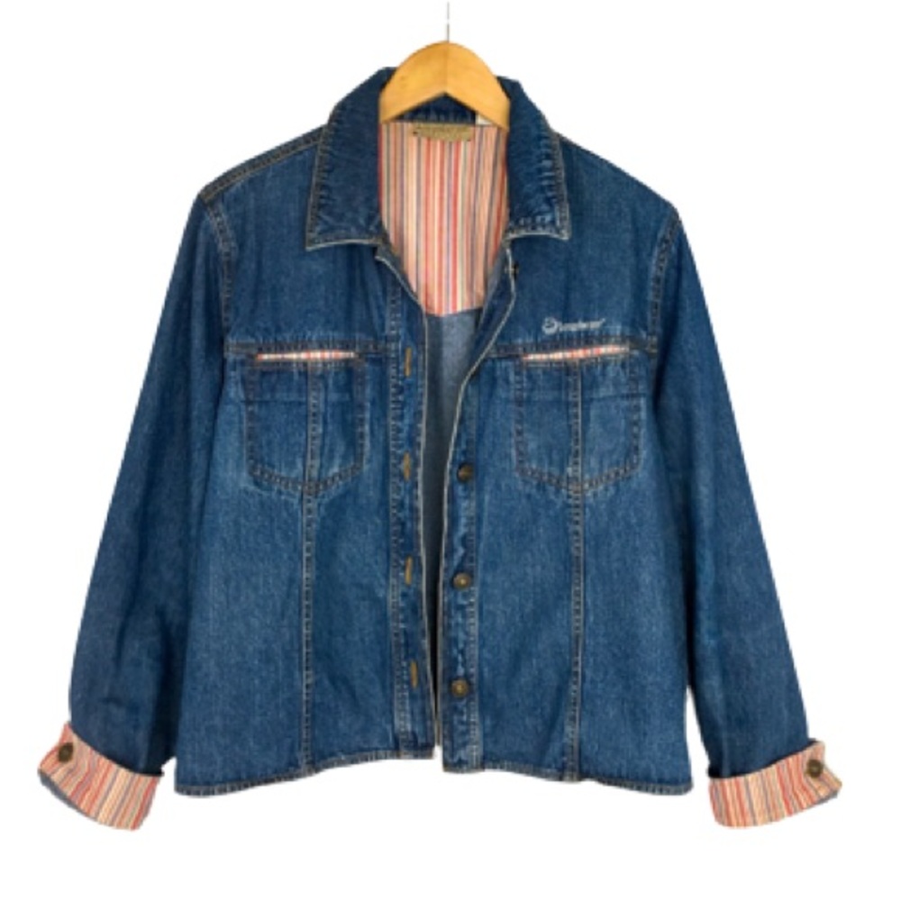 Longaberger Jean Jacket Denim Shacket Shirt Jacket Contrasting Strip Lining Sz L